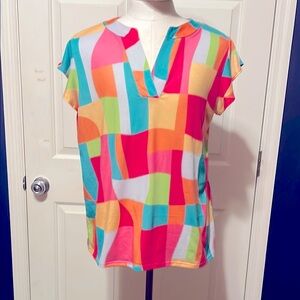 BiBi Graphic Blue Pink Cap Sleeve Blouse